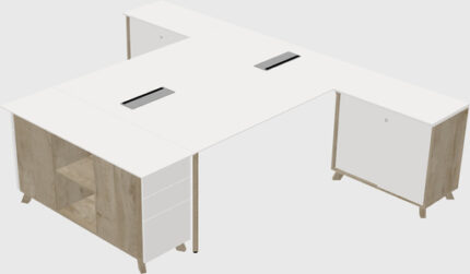 Bureau Partagé En L Blanc Lisse + Meuble De Rangement + Retour De Bureau Pour 2 Personnes